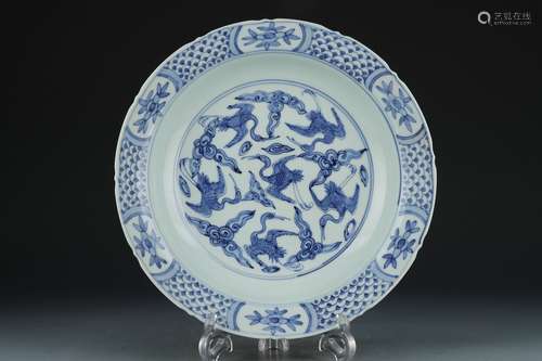 A blue and white 'crane' dish