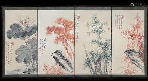 A Qi gong's four pieces floral painting