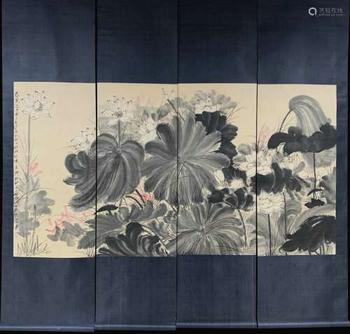 A Zhang daqian's four pieces lotus painting