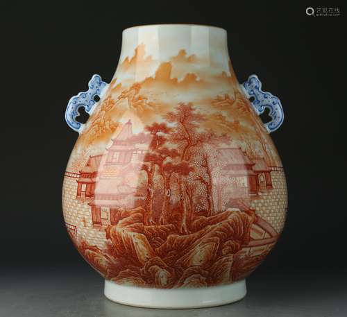 An allite red glazed 'landscape' jar