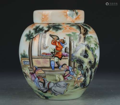 A famille-rose 'figure' jar and cover