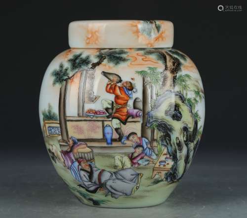 A famille-rose 'figure' jar and cover