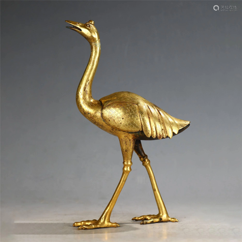 CHINESE GILT BRONZE CRANE,MING DYNASTY