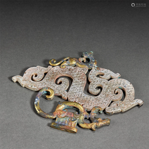 CHINESE JADE DRAGON GILT BRONZE PENDANT,HAN DYNASTY