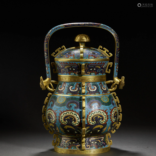 CHINESE GILT BRONZE CLOISONNE ENAMEL EWER,QING D…