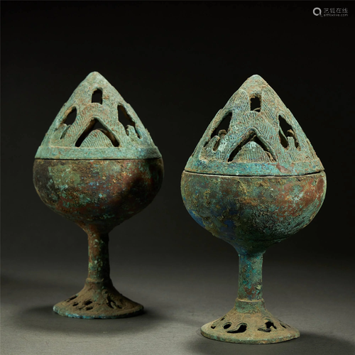 CHINESE A PAIR OF BRONZE CENSERS,HAN DYNASTY