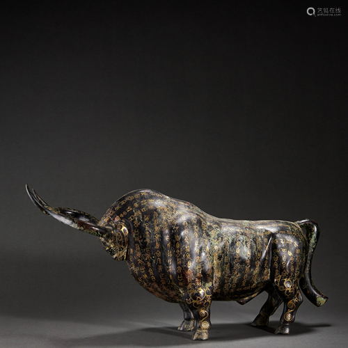 CHINESE GOLD-INLAID BRONZE OX,HAN DYNASTY