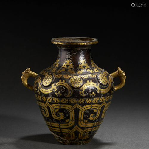 CHINESE GOLD AND SILVER-INLAID BRONZE JAR,HAN DYNASTY