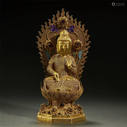 CHINESE PARCEL-GILT SILVER FILIGREE BUDDHA STATUE,QING