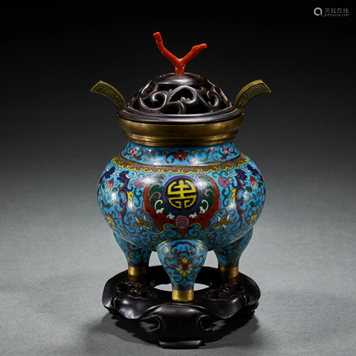 CHINESE GILT BRONZE CLOISONNE ENAMEL CENSER,QING