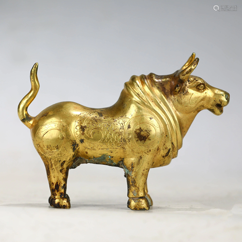 CHINESE GILT BRONZE OX,TANG DYNASTY