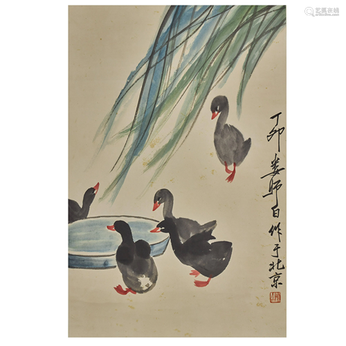 LOU SHIBAI,CHINESE PAINTING AND CALLIGRAPHY SCROLL