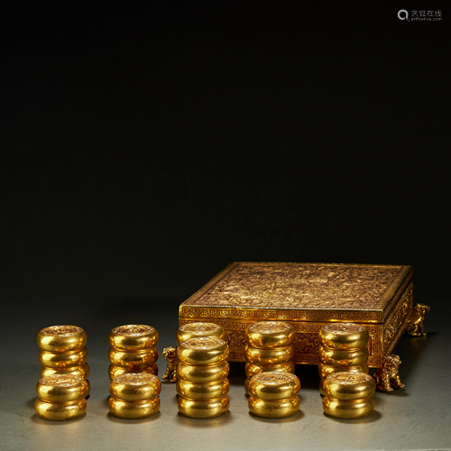 A SET OF GILT BRONZE CHINESE CHESS,MING DYNASTY