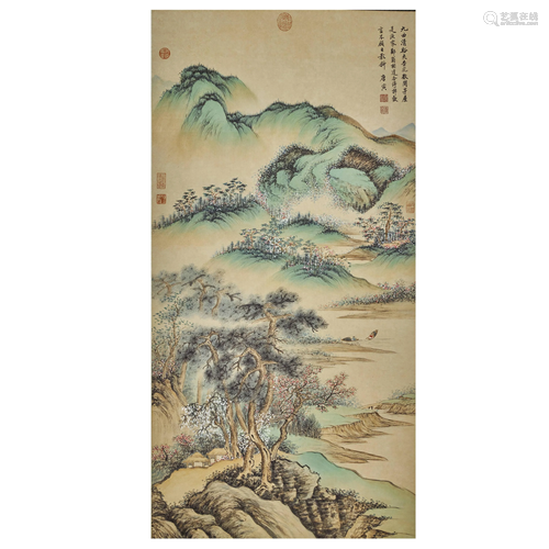 TANG YIN,CHINESE PAINTING AND CALLIGRAPHY SCROLL