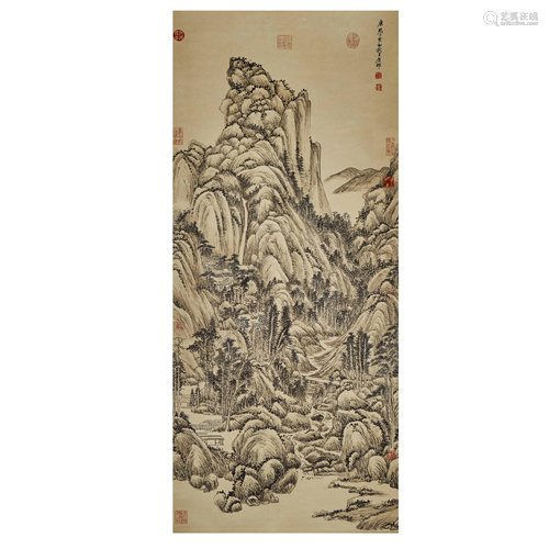 WANG YUANQI,CHINESE PAINTING AND CALLIGRAPHY SCROLL