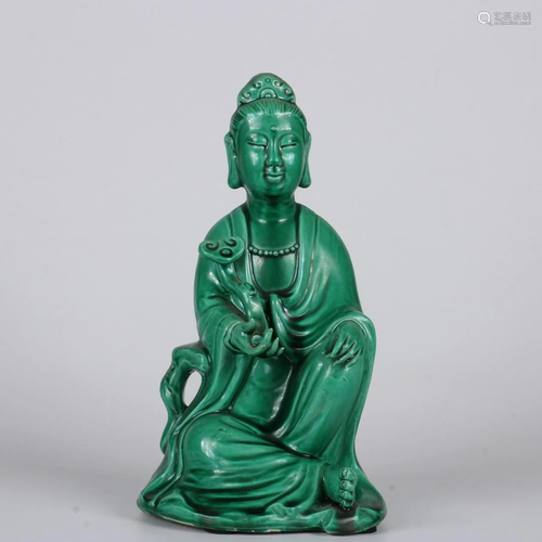 CHINESE GREEN GLAZED PORCELAIN BUDDHA STATUE,QING