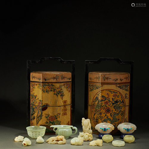 CHINESE A SET OF JADE LACQUER WARE BOX,QING DYNASTY