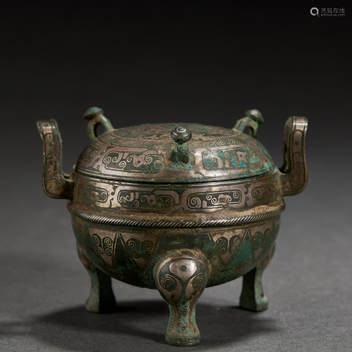 CHINESE SILVER INLAID BRONZE DING,HAN DYNASTY