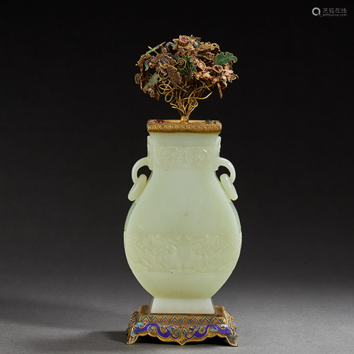 CHINESE HETIAN JADE VASE PARCEL-GILT SILVER,QING