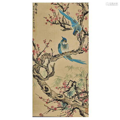 LU YANGFEI,CHINESE PAINTING AND CALLIGRAPHY SCROLL