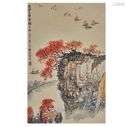 QIAN SONGYAN,CHINESE PAINTING AND CALLIGRAPHY SCROLL