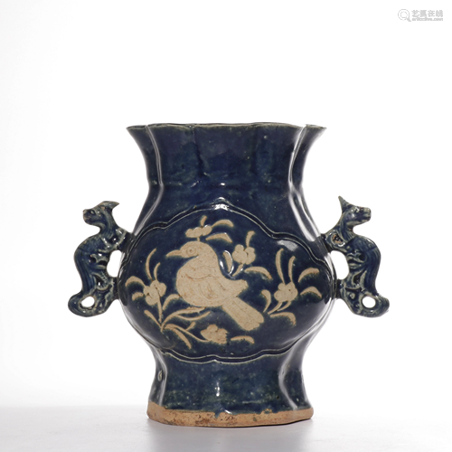 CHINESE BLUE GLAZED PORCELAIN VASE,YUAN DYNASTY