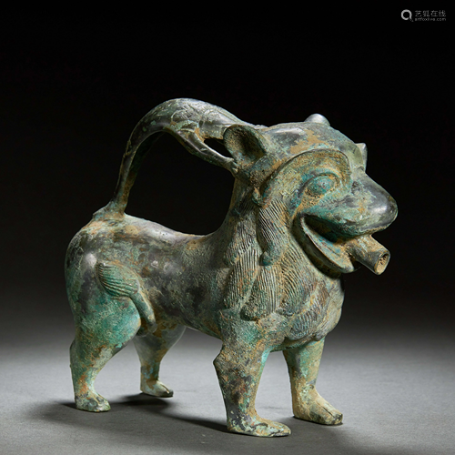 CHINESE BRONZE BEAST EWER,HAN DYNASTY