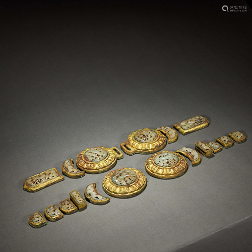 CHINESE A SET OF JADE PARCEL-GILT SILVER BELTS,LIAO/JIN