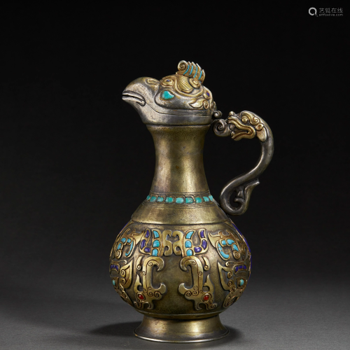 CHINESE TURQUOISES INLAID BRONZE EWER,TANG DYNASTY