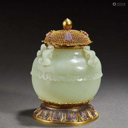 CHINESE HETIAN JADE PARCEL-GILT SILVER CENSER,QING