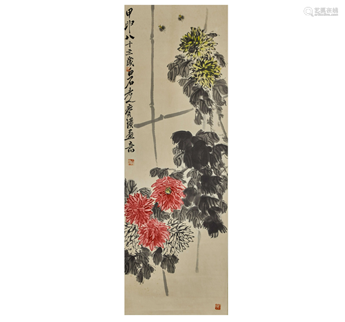 QI BAISHI,CHINESE PAINTING AND CALLIGRAPHY SCROLL