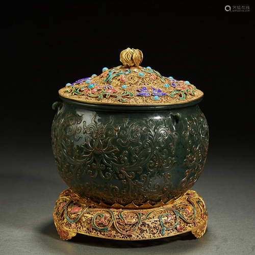 CHINESE SPINACH JADE PARCEL-GILT SILVER JAR,QING