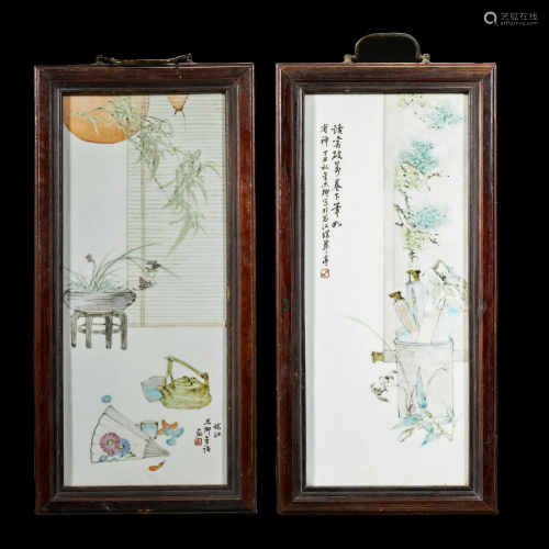 A PAIR OF CHINESE PORCELAIN PAINTINGS WOOD FRA…