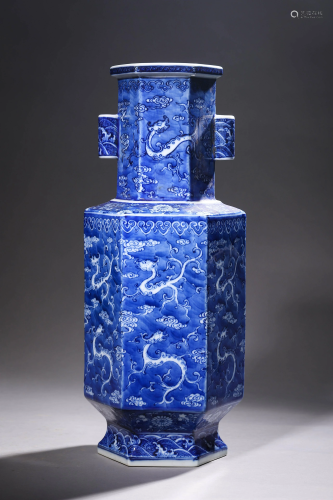 A Blue & White Hexagonal Shaped Vase
