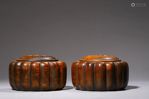 Antique Pair of Carved Rosewood WeiQi seed Containers