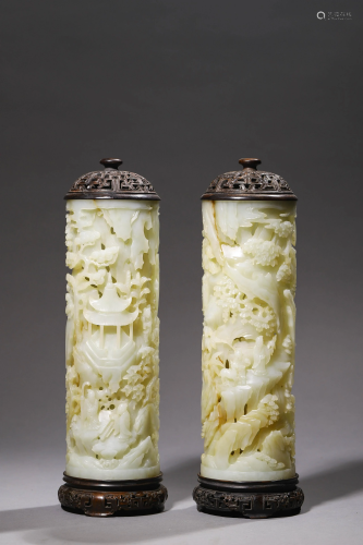 A Pair of Carved White Jade Joss Stick Holders