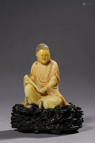 Shoushan Stone Jiacai Sitting Statue of Guanyin Holding