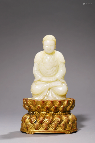 A Carved Jade Seated Buddha Statue (with large lacquer