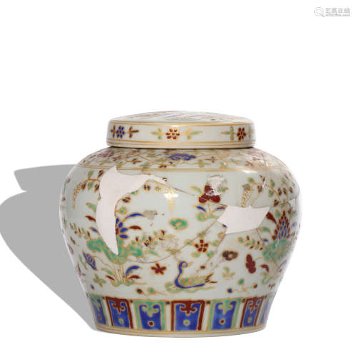 A DouCai 'floral and birds' jar and cover