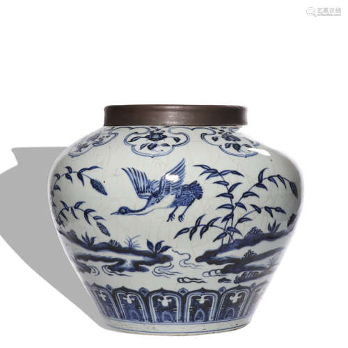 A blue and white 'floral and birds' jar