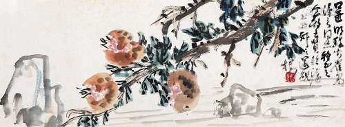 王个簃（1897-1988） 石榴 镜 框 设色纸本