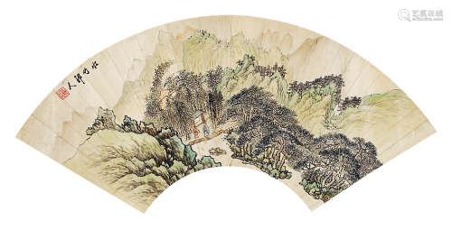 徐世昌（1855-1939） 松间访友 扇 面 设色纸本