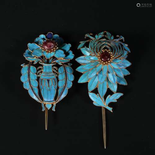 Chinese A Set Of Silver Gold Gilded Hairpins