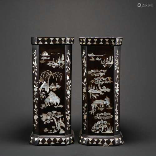 Chinese A Pair Of Woodcarving Tubes Inlaid With Mother Of Pe...