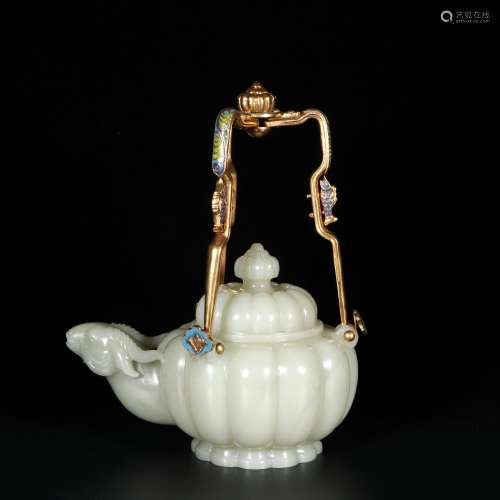 Chinese Gold Gilded White Jade Pot