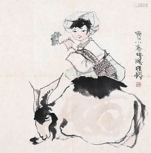 程十髪（1921-2007） 少女与羊 软 片 设色纸本