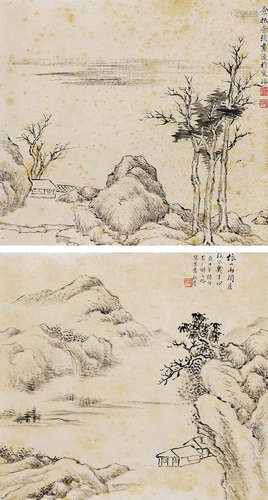 汪洛年（1870-1925） 山水双挖 镜 框 水墨纸本