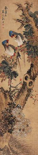 金梦石（1869-1952） 菊花鹦鹉 立 轴 设色绢本