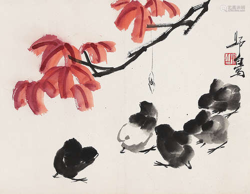 娄师白（1918-2010） 红叶小鸡 镜 片 设色纸本