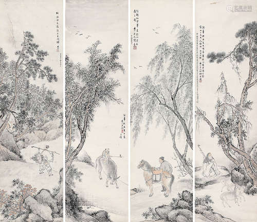 何丹山（1807-1875） 山水人物四屏 立 轴 设色纸本